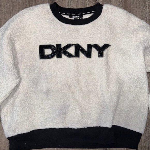 DKNY Spellout Womens Ivory Sequined Puffed Shoulders Long Sleeve Sweater M EUC - Picture 2 of 5